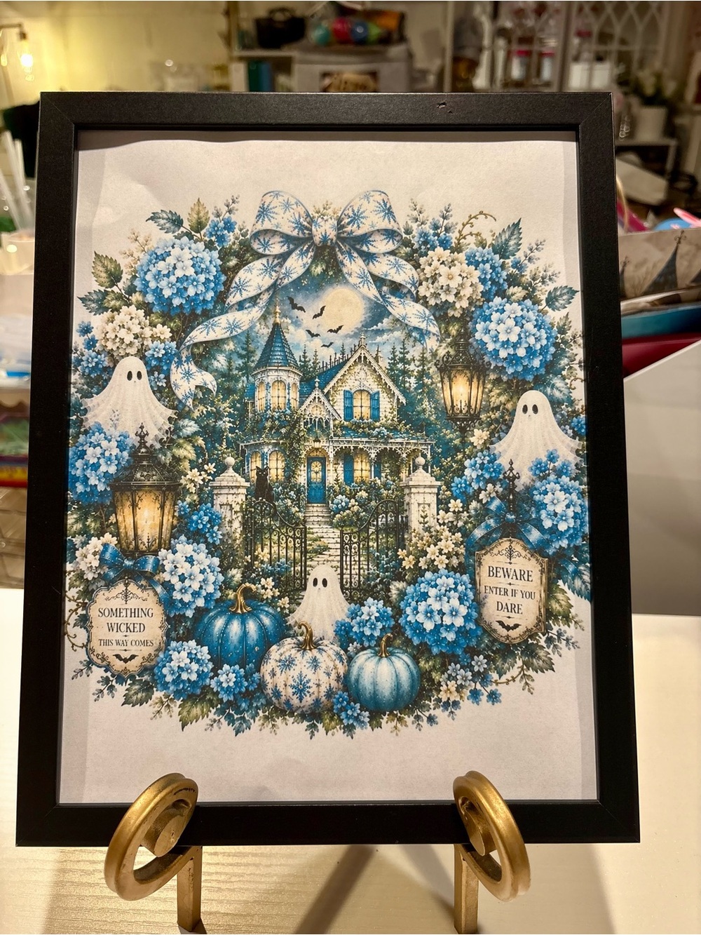 Blue Halloween Cottage Framed 8x10 Art Print - Home Holiday Decor